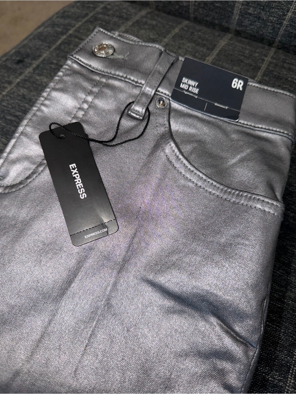 Express Metallic Silver Skinny Mid Rise Pants NWT